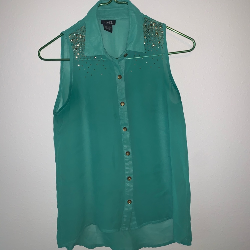 Green rue 21 button up tank top small bedazzled